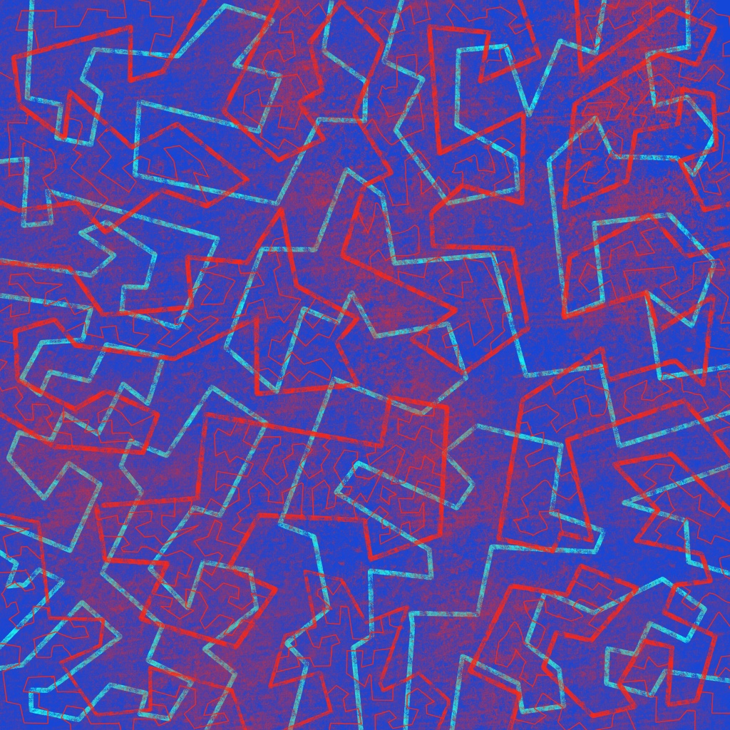 Blue field with red and cyan maze line forms