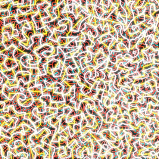 White neon maze lines on black with yellow and coral glow